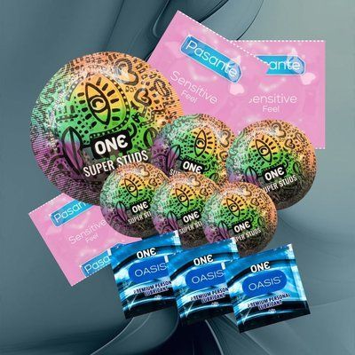 Комплект з ONE&Pasante (ONE Super Studs 6 шт., Pasante Sensitive Feel 3 шт., ONE Oasis 3 г 3 шт.), 9 шт виробів і 3 лубриканта NO6912 фото
