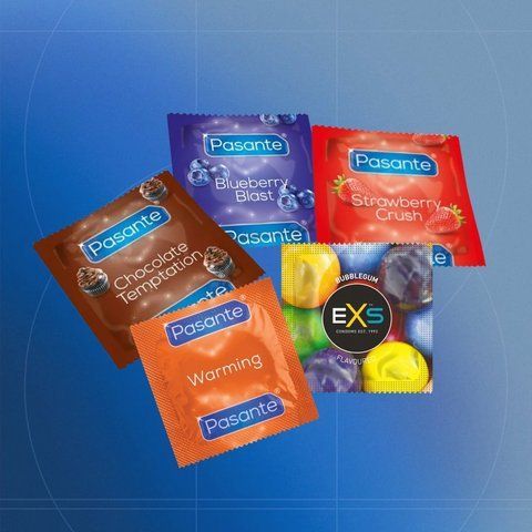 Wild Night 65: EXS Bubblegum Flavoured - 13 шт, Pasante Taste Blueberry - 15 шт, Pasante Taste Chocolate - 5 шт, Pasante Taste Strawberry - 14 шт, Pasante Warming - 18 шт NO7162 фото