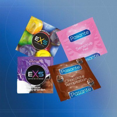 Chocolate Party: EXS Bubblegum Flavoured ароматизовані - 6 шт, EXS Chocolate Flavoured ароматизовані - 16 шт, Pasante Taste Chocolate ароматизовані- 10 шт, Pasante Ultra Sensitive Touch - 5 шт NO7360 фото