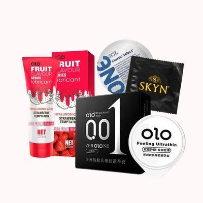 Набір OLO з гіауроновою змазкою + Skyn безлатексні + ONE латексні + OLO Lubricant смаковий на водній основі &ndash; 31 шт (класичні, ультратонкі, безлатексні, з лубрикантом) NO7406 фото