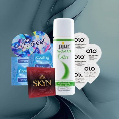 Набір "Зворушлива ніжність" (ONE Ultra Feel, SKYN Intense Feel, OLO Feeling Ultrathin, Pasante Cooling, pjur Woman Aloe) 21 шт NO6244 фото