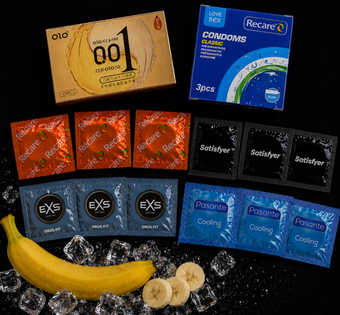 Набір 35 шт OLO Thermal Contrast (EXS Pure EKO &mdash; 1 шт; EXS Snug Fit &mdash; 2 шт; Pasante Cooling &mdash; охолоджуючий ефект &mdash; 1 шт; Pasante Silk Thin &mdash; надтонкі &mdash; 1 шт; Pasante Warming &mdash; розігріваючий ефект, ребристі &mdash; 1 шт; Satisfyer Premium Condoms 45 мм XS &mdash; 2 шт NO8035 фото