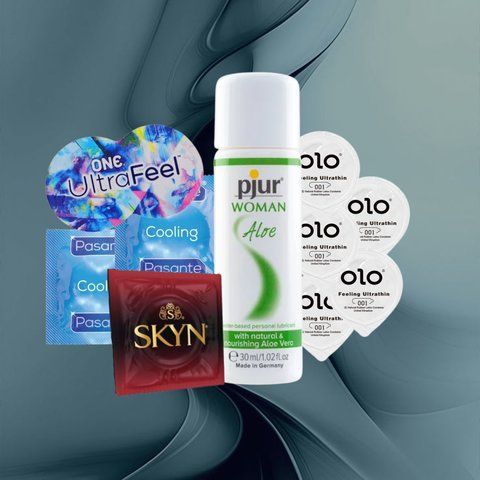 Набір "Зворушлива ніжність" (ONE Ultra Feel, SKYN Intense Feel, OLO Feeling Ultrathin, Pasante Cooling, pjur Woman Aloe) 21 шт NO6244 фото