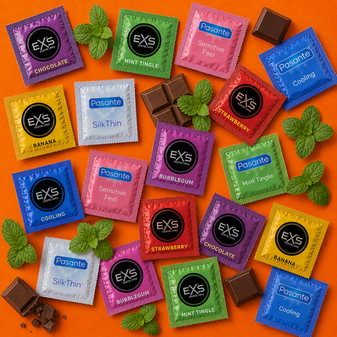 Набір 33 шт Pure Cooling Flavour Mix: EXS Bubblegum Flavoured &mdash; 3 шт; EXS Chocolate Flavoured &mdash; 4 шт; EXS Cola Flavoured &mdash; 4 шт; Pasante Taste Mint Tingle &mdash; 3 шт; Pasante Taste Chocolate &mdash; 3 шт; EXS Cooling &mdash; 4 шт; EXS Pure EKO &mdash; 4 шт; EXS Snug Fit &mdash; 4 шт NO7935 фото