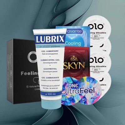 Набір "Захоплююча насолода" (ONE Ultra Feel, SKYN Intense Feel, OLO Feeling Ultrathin, Pasante Cooling, Lubrix (1 шт., 100 мл)) 21 шт NO6245 фото