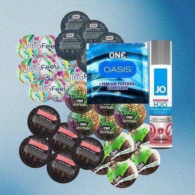 Комплект ONE Ultra Feel &ndash; 5 шт., ONE FlavorWaves - Шоколад та м'ята &ndash; 5 шт., ONE Tattoo Touch Red &ndash; 5 шт., ONE Super Studs &ndash; 5 шт., ONE Extra Strong &ndash; 5 шт., ONE Oasis 3 г &ndash; 5 шт., System JO H2O COOLING (30 мл), 25 шт + 5 шт + 1 шт NO6441 фото