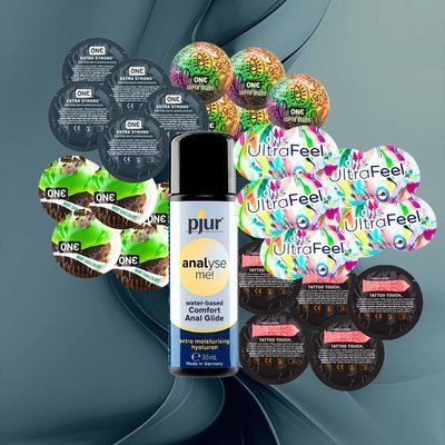 Набір ONE Ultra Feel, ONE FlavorWaves Шоколад та м`ята, ONE Tattoo Touch Red, ONE Super Studs, ONE Extra Strong + pjur analyse me! Relaxing jojoba silicone 30 мл &ndash; 25 шт + 1 шт NO6395 фото