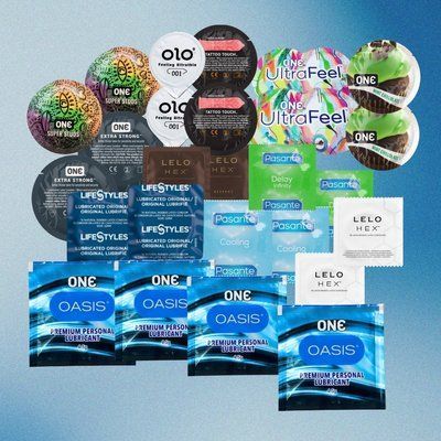 Комплект різноманіття (ONE 10 шт., SKYN 2 шт., OLO 2 шт., Pasante 4 шт., LELO HEX 4 шт., LifeStyles 2 шт., ONE Oasis 3 - 4 шт.) NO6875 фото