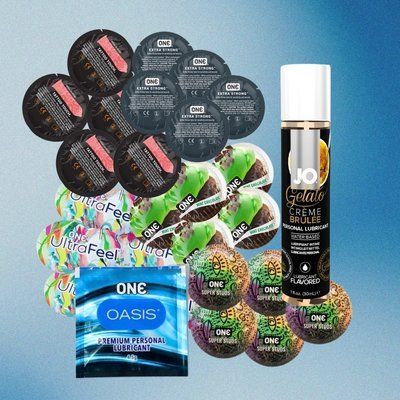 Комплект ONE Ultra Feel &ndash; 5 шт., ONE FlavorWaves - Шоколад та м'ята &ndash; 5 шт., ONE Tattoo Touch Red &ndash; 5 шт., ONE Super Studs &ndash; 5 шт., ONE Extra Strong &ndash; 5 шт., ONE Oasis 3 г &ndash; 5 шт., System JO GELATO Creme Brulee (30 мл), 25 шт + 5 шт + 1 шт NO6442 фото