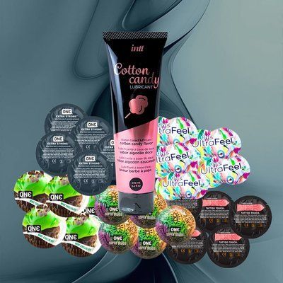 Набір ONE Ultra Feel, ONE FlavorWaves Шоколад та м`ята, ONE Tattoo Touch Red, ONE Super Studs, ONE Extra Strong + Intt Cotton Candy 100 мл &ndash; 25 шт + 1 шт NO6396 фото