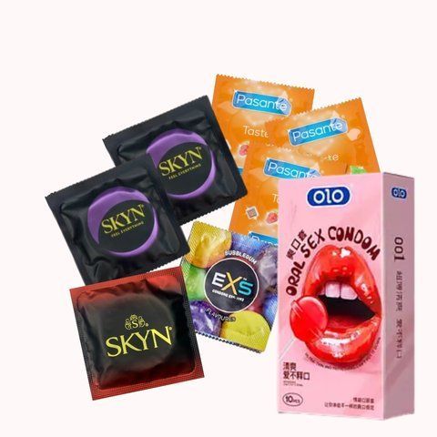 OLO з гіауроновою змазкою + Pasante + EXS + Skyn безлатексні &ndash; 28 шт (Flavours, Ultrathin, Безлатексі, Чорні): OLO Ultrathin Oral Sex, аромат Полуниця, з гіауроновою змазкою; 10 шт. Pasante Taste Blueberry (зі смаком чорниці, синій колір); 2 шт. NO7509 фото