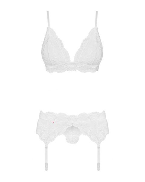 (SALE) Мереживний комплект білизни Obsessive 810-SEG-1 L/XL White, бюстгальтер, стрінги, пояс для панчіх SO7166 фото