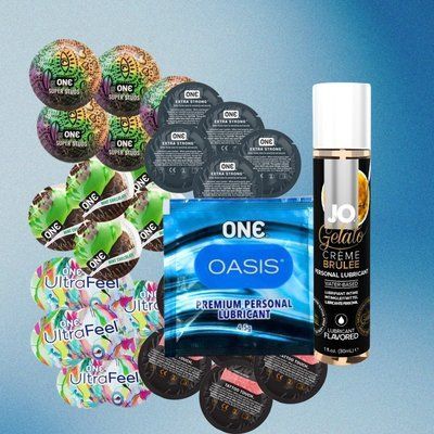 Комплект ONE Ultra Feel &ndash; 5 шт., ONE FlavorWaves - Шоколад та м'ята &ndash; 5 шт., ONE Tattoo Touch Red &ndash; 5 шт., ONE Super Studs &ndash; 5 шт., ONE Extra Strong &ndash; 5 шт., ONE Oasis 3 г &ndash; 5 шт., System JO GELATO Mint Chocolate (30 мл), 25 шт + 5 шт + 1 шт NO6443 фото
