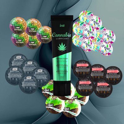 Набір ONE Ultra Feel, ONE FlavorWaves Шоколад та м`ята, ONE Tattoo Touch Red, ONE Super Studs, ONE Extra Strong + Intt Cannabis100 мл &ndash; 25 шт + 1 шт NO6397 фото