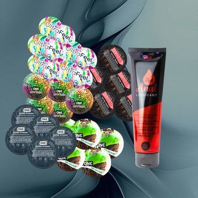 Набір ONE Ultra Feel, ONE FlavorWaves Шоколад та м`ята, ONE Tattoo Touch Red, ONE Super Studs, ONE Extra Strong + Intt Hot Anal 100 мл &ndash; 25 шт + 1 шт NO6398 фото