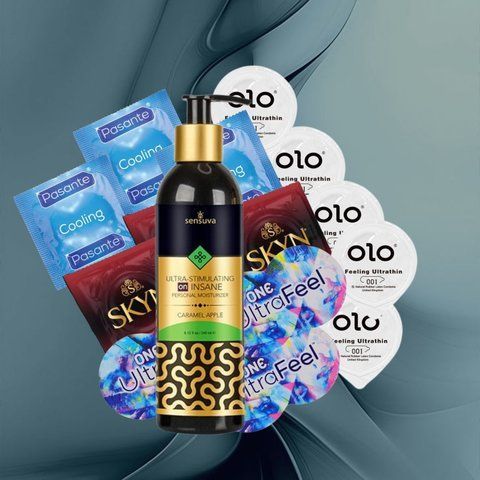 Набір "Карамельний бум" (ONE Ultra Feel, SKYN Intense Feel, OLO Feeling Ultrathin, Pasante Cooling) 20 шт + Sensuva Ultra-Stimulating On Insane Caramel Apple NO6298 фото
