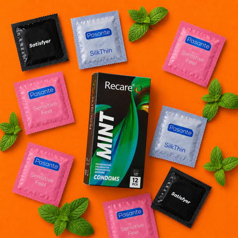 Набір 34 шт Mint Size Experiment Box Mix: Holographic Recare Ultra Thin Mint Condoms 12 шт &mdash; 1 уп.; EXS Bubblegum Flavoured &mdash; 3 шт; EXS Chocolate Flavoured &mdash; 3 шт; Pasante Taste Mint Tingle &mdash; 4 шт; EXS Pure EKO &mdash; 3 шт; Satisfyer Premium Condoms 49 мм S &mdash; NO7939 фото