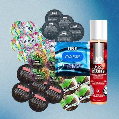 Комплект ONE Ultra Feel &ndash; 5 шт., ONE FlavorWaves - Шоколад та м'ята &ndash; 5 шт., ONE Tattoo Touch Red &ndash; 5 шт., ONE Super Studs &ndash; 5 шт., ONE Extra Strong &ndash; 5 шт., ONE Oasis 3 г &ndash; 5 шт., System JO H2O &mdash; Strawberry Kiss (30 мл), 25 шт + 5 шт + 1 шт NO6445 фото