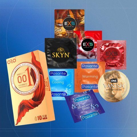 Набір Modern Choice: EXS Cola Flavoured - 18 шт, EXS Strawberry Flavoured - 18 шт, EXS Warming - 1 шт, OLO Gold Hot & Cold 1 уп., ONE Vanish Hyperthin - 1 шт, Pasante Cooling - 6 шт, Pasante Taste Blueberry - 13 шт, Pasante Warming - 1 шт, Skyn Non-Latex NO7178 фото
