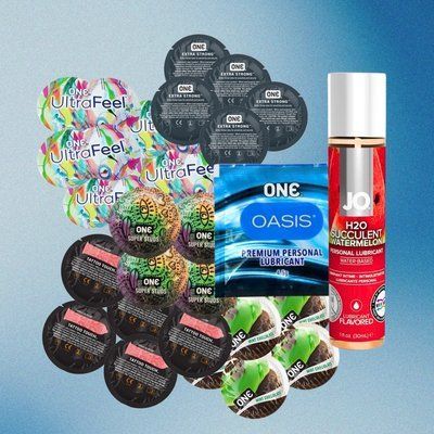 Комплект ONE Ultra Feel &ndash; 5 шт., ONE FlavorWaves - Шоколад та м'ята &ndash; 5 шт., ONE Tattoo Touch Red &ndash; 5 шт., ONE Super Studs &ndash; 5 шт., ONE Extra Strong &ndash; 5 шт., ONE Oasis 3 г &ndash; 5 шт., System JO H2O &mdash; Watermelon (30 мл), 25 шт + 5 шт + 1 шт NO6446 фото