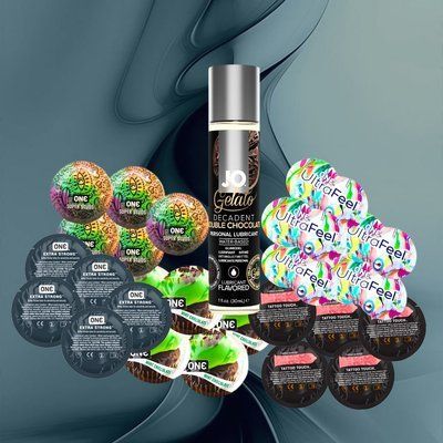 Набір ONE Ultra Feel, ONE FlavorWaves Шоколад та м`ята, ONE Tattoo Touch Red, ONE Super Studs, ONE Extra Strong + System JO GELATO Double Chocolate 30 мл &ndash; 25 шт + 1 шт NO6400 фото