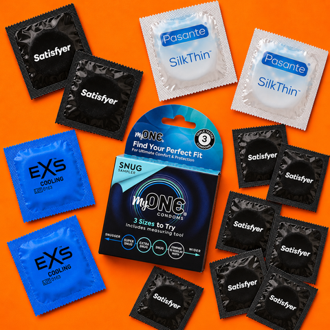 Набір 24 товарів Ultimate Sensation Mix: MyONE Snug Sampler 3 шт, картонна коробка &mdash; 1 уп.; EXS Bubblegum Flavoured &mdash; 1 шт; EXS Strawberry Flavoured &mdash; 1 шт; Pasante Taste Blueberry &mdash; 1 шт; EXS Glowing &mdash; 1 шт; EXS Warming &mdash; 1 шт; EXS Cooling &mdash; 1 шт; EXS De NO7941 фото