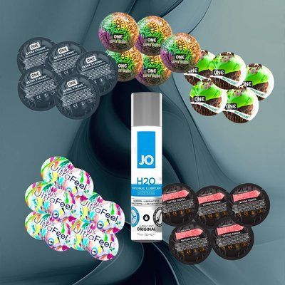 Набір ONE Ultra Feel, ONE FlavorWaves Шоколад та м`ята, ONE Tattoo Touch Red, ONE Super Studs, ONE Extra Strong + System JO H2O ORIGINAL 30 мл &ndash; 25 шт + 1 шт NO6401 фото