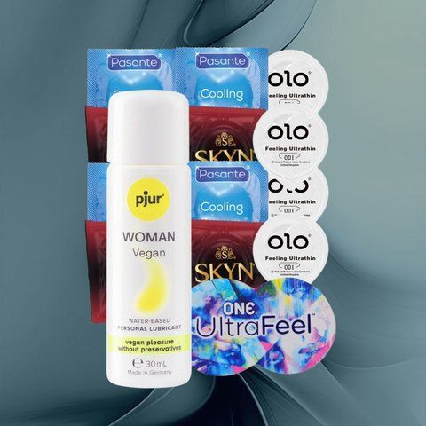 Набір "Еко-ніжність" (ONE Ultra Feel, SKYN Intense Feel, OLO Feeling Ultrathin, Pasante Cooling, pjur Woman Vegan (1 шт., 30 мл)) 21 шт NO6251 фото