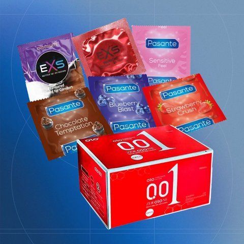 Набір Red Lux: EXS Chocolate Flavoured - 14 шт, EXS Warming - 1 шт, OLO Red Warming 1 уп., Pasante Taste Blueberry - 11 шт, Pasante Taste Chocolate - 7 шт, Pasante Taste Strawberry - 11 шт, Pasante Ultra Sensitive Touch - 15 шт NO7180 фото