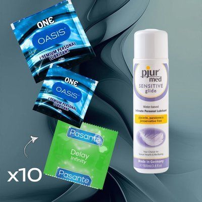 Комплект Pasante Delay Infinity 10 шт., pjur MED Sensitive glide 100 мл, ONE Oasis 3 г 2 шт. NO6750 фото
