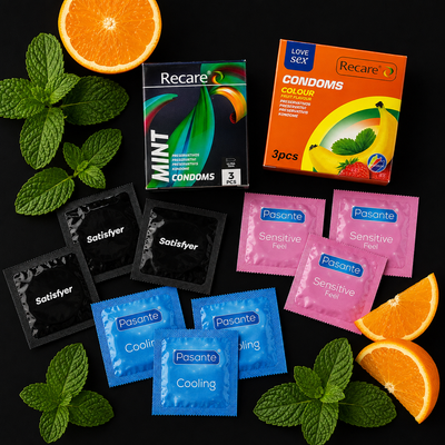 Набір 28 шт Contrast Sensations (EXS Ribbed &mdash; 1 шт; Pasante Naturelle &mdash; анатомічні &mdash; 1 шт; Pasante Cooling &mdash; охолоджуючий ефект &mdash; 1 шт; Pasante Silk Thin &mdash; надтонкі &mdash; 2 шт; Pasante Sensitive Feel &mdash; 1 шт; Satisfyer Premium Condoms 45 мм XS &mdash; 1 шт; Satisfye NO8025 фото