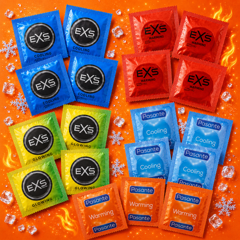 Набір 19 шт Glow Temperature Mix: EXS Glowing &mdash; 5 шт; EXS Warming &mdash; 4 шт; EXS Cooling &mdash; 4 шт; Pasante Cooling з охолоджуючим ефектом &mdash; 3 шт; Pasante Warming &mdash; з розігріваючим ефектом, ребристі &mdash; 3 шт. NO7925 фото