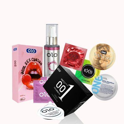 Комплект Special Mix OLO з гіауроновою змазкою + EXS + ONE латексні &ndash; 34 шт + Лубрикант OLO Warming Lube розігріваючі NO7270 фото