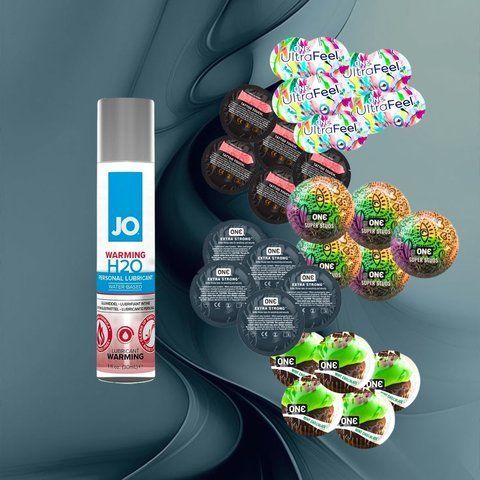 Набір ONE Ultra Feel, ONE FlavorWaves Шоколад та м`ята, ONE Tattoo Touch Red, ONE Super Studs, ONE Extra Strong + System JO H2O WARMING 30 мл &ndash; 25 шт + 1 шт NO6402 фото