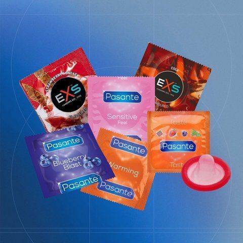 Strawberry Heart: EXS Cola Flavoured - 11 шт, EXS Strawberry Flavoured - 7 шт, OLO Gold Hot & Cold 1 уп., Pasante Taste Blueberry - 13 шт, Pasante Taste Strawberry - 14 шт, Pasante Ultra Sensitive Touch - 4 шт, Pasante Warming - 10 шт NO7182 фото
