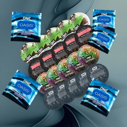 В наборі ONE FlavorWaves - Шоколад та м'ята &ndash; 5 шт., ONE Tattoo Touch Red &ndash; 5 шт., ONE Super Studs &ndash; 5 шт., ONE Extra Strong &ndash; 5 шт., ONE Oasis 3 г &ndash; 5 шт. NO6552 фото