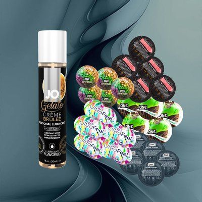Набір ONE Ultra Feel, ONE FlavorWaves Шоколад та м`ята, ONE Tattoo Touch Red, ONE Super Studs, ONE Extra Strong + System JO GELATO Creme Brulee 30 мл &ndash; 25 шт + 1 шт NO6404 фото