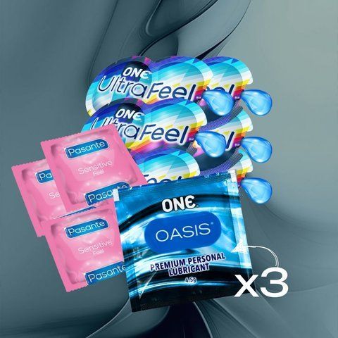 Комплект з 9 виробів та 3 лубрикантів (ONE Ultra Feel 6 шт., Pasante Sensitive Feel 3 шт., ONE Oasis 3 г &mdash; 3 шт.) NO6883 фото