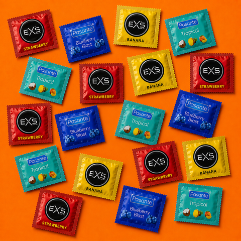 Набір 25 шт Exotic Fruits: EXS Strawberry Flavoured &mdash; 5 шт; EXS Banana Flavoured &mdash; 5 шт; Pasante Taste Blueberry &mdash; 5 шт; Pasante Taste Tropical &mdash; 5 шт; Pasante Taste Strawberry &mdash; 5 шт. NO7896 фото