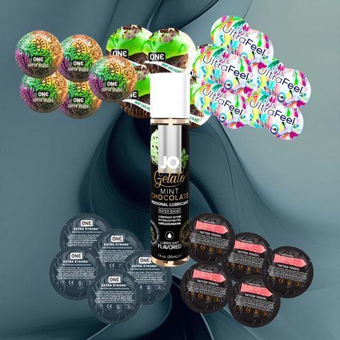 Набір ONE Ultra Feel, ONE FlavorWaves Шоколад та м`ята, ONE Tattoo Touch Red, ONE Super Studs, ONE Extra Strong + System JO GELATO Mint Chocolate 30 мл &ndash; 25 шт + 1 шт NO6405 фото