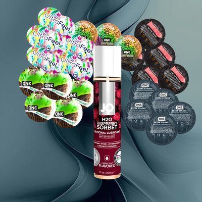 Набір ONE Ultra Feel, ONE FlavorWaves Шоколад та м`ята, ONE Tattoo Touch Red, ONE Super Studs, ONE Extra Strong + System JO H2O Raspberry Sorbet 30 мл &ndash; 25 шт + 1 шт NO6406 фото