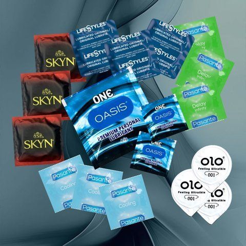 Асортимент з SKYN Intense Feel &ndash; 3 шт., OLO Feeling Ultrathin &ndash; 3 шт., Pasante Delay Infinity &ndash; 3 шт., Pasante Cooling &ndash; 3 шт., LifeStyles Ultra Lubricated &ndash; 3 шт., ONE Oasis 3 г &ndash; 3 шт NO6885 фото