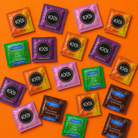 Набір 24 шт Candy & Cola: EXS Bubblegum Flavoured &mdash; 6 шт; EXS Chocolate Flavoured &mdash; 4 шт; EXS Cola Flavoured &mdash; 6 шт; Pasante Taste Mint Tingle &mdash; 4 шт; Pasante Taste Chocolate &mdash; 4 шт. NO7897 фото