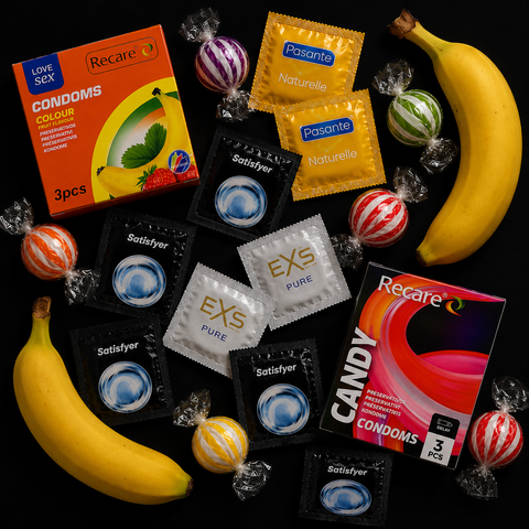 Набір 29 шт Natural Balance (EXS Warming &mdash; 1 шт; EXS Pure EKO &mdash; 5 шт; EXS Snug Fit &mdash; 1 шт; Pasante Naturelle &mdash; анатомічні &mdash; 9 шт; Satisfyer Premium Condoms 45 мм XS &mdash; 1 шт; Recare Color Fruit Flavour Condoms, упаковка 3 шт &mdash; 1 уп.; Recare Cola Dotted&Ribb NO7997 фото