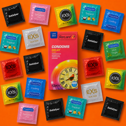 Набір 34 товарів Delay Sensation Mix: Recare Delay Candy Condoms 12 шт &mdash; 1 уп.; EXS Bubblegum Flavoured &mdash; 1 шт; EXS Chocolate Flavoured &mdash; 1 шт; Pasante Taste Strawberry &mdash; 1 шт; Pasante Taste Chocolate &mdash; 1 шт; EXS Glowing &mdash; 1 шт; EXS Warming &mdash; 1 шт; EXS Co NO7947 фото