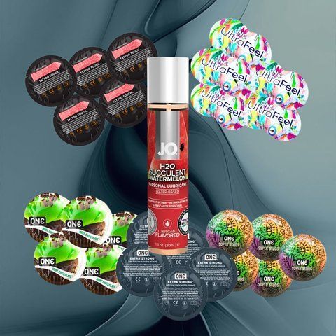 Набір ONE Ultra Feel, ONE FlavorWaves Шоколад та м`ята, ONE Tattoo Touch Red, ONE Super Studs, ONE Extra Strong + System JO H2O Watermelon 30 мл &ndash; 25 шт + 1 шт NO6408 фото