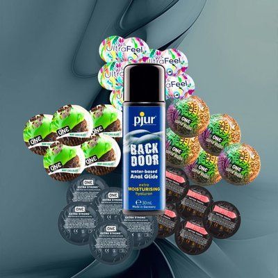 Набір ONE Ultra Feel, ONE FlavorWaves Шоколад та м`ята, ONE Tattoo Touch Red, ONE Super Studs, ONE Extra Strong + pjur backdoor Comfort water glide 30 мл &ndash; 25 шт + 1 шт NO6409 фото