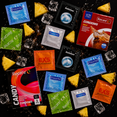 Набір 23 шт Pure Intensity (EXS Delay &mdash; 1 шт; Pasante Naturelle &mdash; анатомічні &mdash; 2 шт; Pasante Cooling &mdash; охолоджуючий ефект &mdash; 1 шт; Pasante Silk Thin &mdash; надтонкі &mdash; 1 шт; Pasante Sensitive Feel &mdash; 1 шт; Satisfyer Premium Condoms 45 мм XS &mdash; 1 шт; Satisfyer Prem NO8001 фото