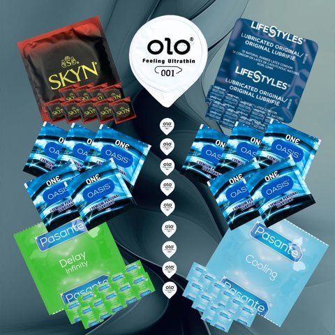 Асортимент з SKYN Intense Feel &ndash; 10 шт., OLO Feeling Ultrathin &ndash; 10 шт., Pasante Delay Infinity &ndash; 10 шт., Pasante Cooling &ndash; 10 шт., LifeStyles Ultra Lubricated &ndash; 10 шт., ONE Oasis 3 г &ndash; 10 шт NO6889 фото
