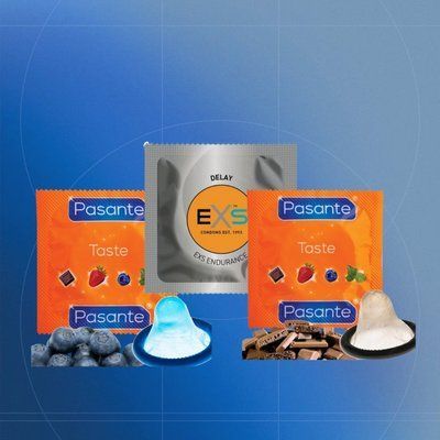 Sensual Variety: EXS Delay - 11 шт, Pasante Taste Blueberry - 13 шт, Pasante Taste Chocolate - 18 шт NO7164 фото